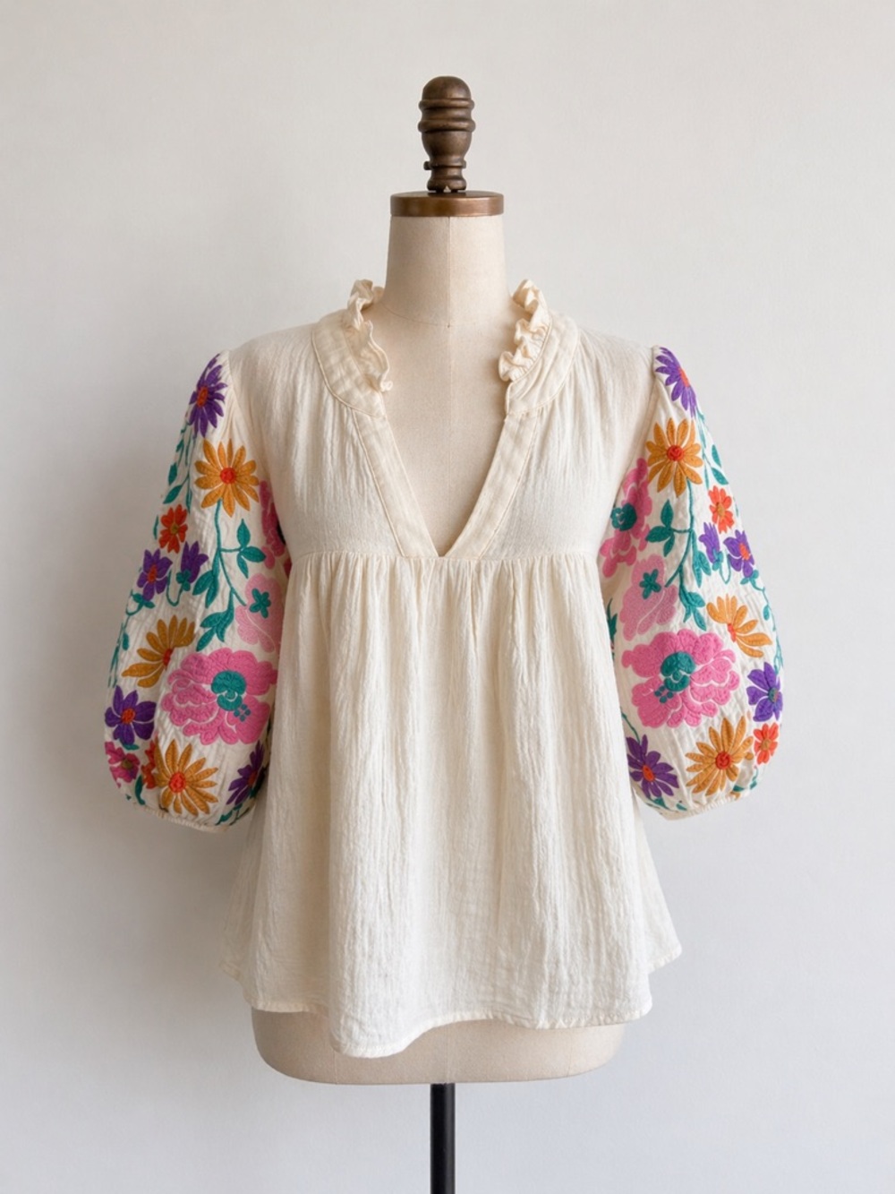 Embroidered Puff-Sleeve Peasant Top - Cream with Multicolor Floral Sleeves - Picture 2 of 5